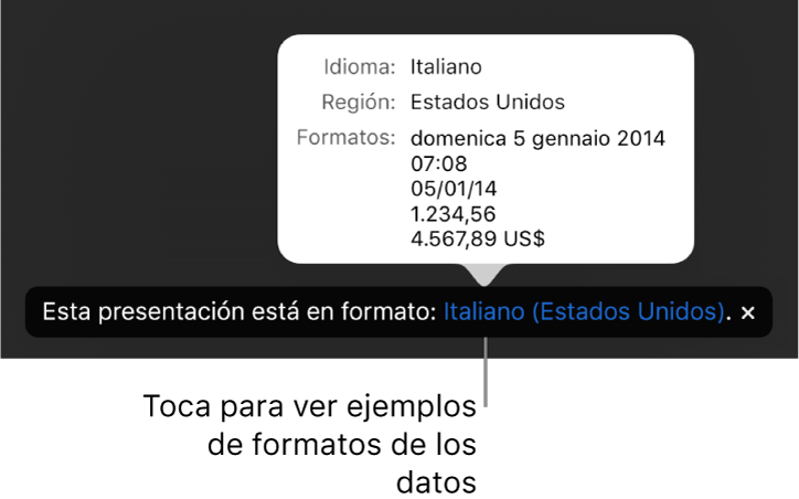 La notificación de la configuración de idioma y formato distinto, con ejemplos del formato en ese idioma y región.