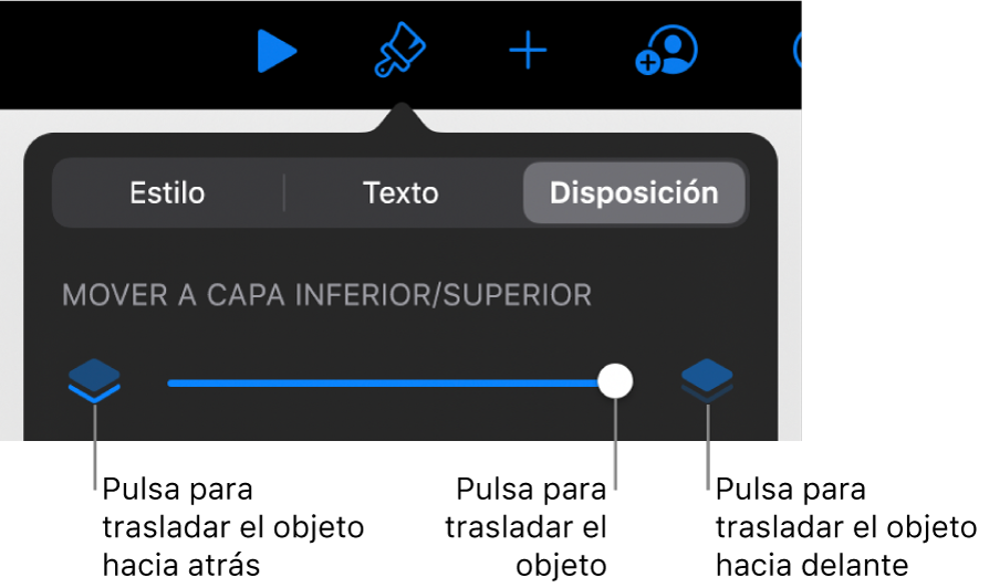 Botón “Mover hacia atrás”, botón “Mover hacia delante” y regulador de capa.