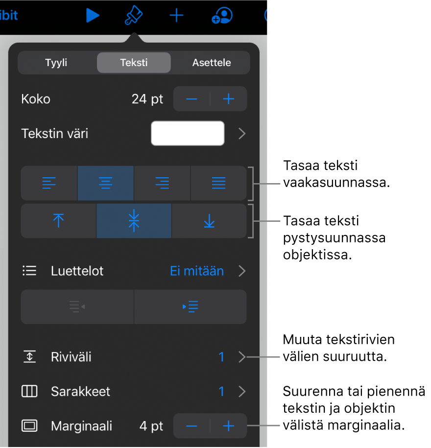 Asettelu-osio, jossa näkyy selitteet tekstin tasaus- ja välistyspainikkeille.