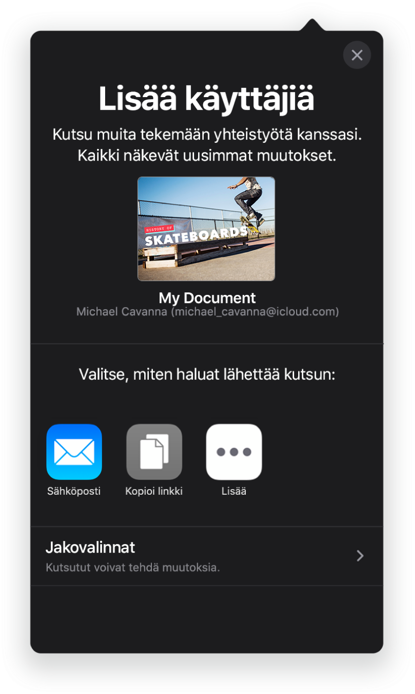 Lisää ihmisiä -näytöllä näkyy kuva esityksestä, jota ollaan jakamassa. Alapuolella on painikkeita kutsun lähettämiseen. Vaihtoehtoina ovat muun muassa Mail ja Kopioi linkki. Alareunassa on Jakovalinnat-painike.