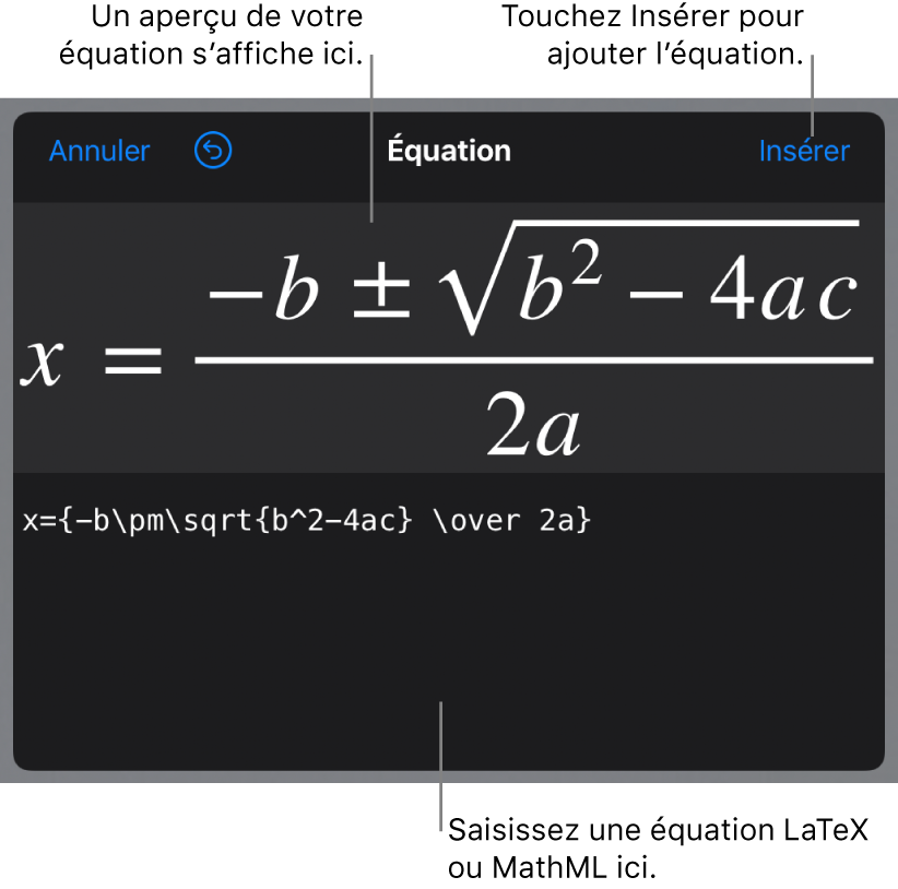 Zone de dialogue Équation, affichant la formule quadratique composée à l’aide des commandes LaTeX et aperçu de la formule au-dessus.