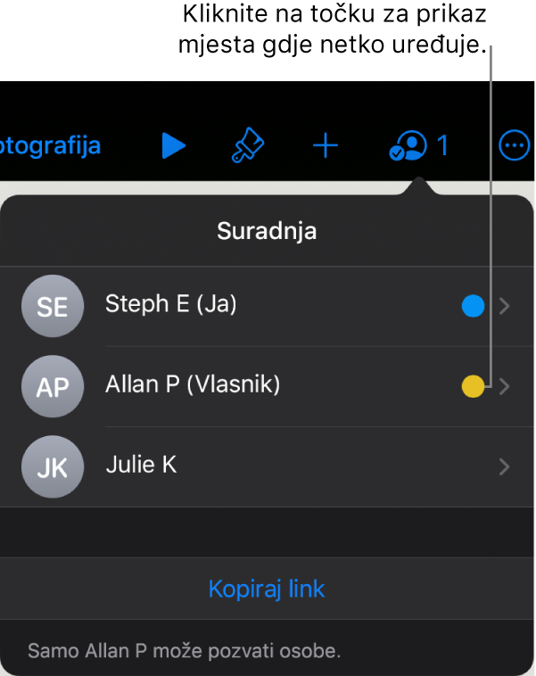 Popis sudionika s tri sudionika i različito obojanom točkom zdesna svakog imena.
