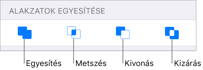 Az Alakzatok egyesítése alatt található Egyesítés, Metszés, Kivonás és Kizárás gombok.