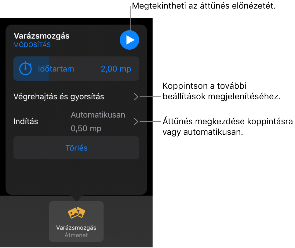 A Varázsmozgás vezérlői az Áttűnések panelen.