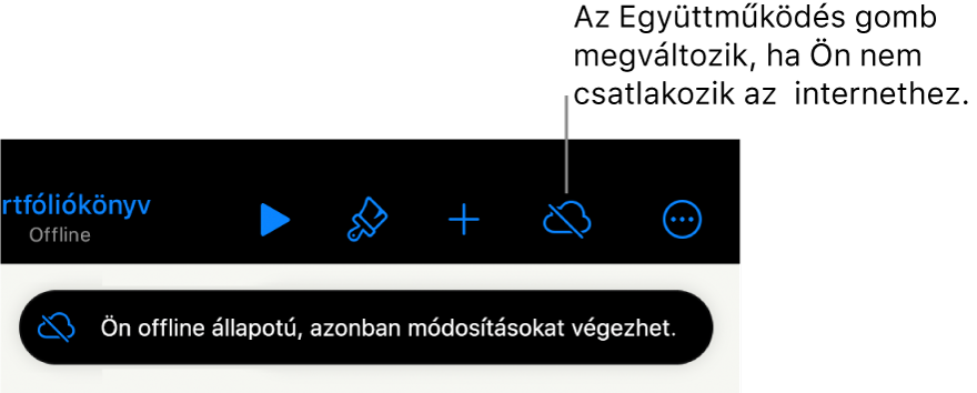 A képernyő tetején látható gombok, ahol az Együttműködés gomb egy áthúzott felhőre módosul. Figyelmeztetés a képernyőn: „Offline módban van, de folytathatja a szerkesztést”.