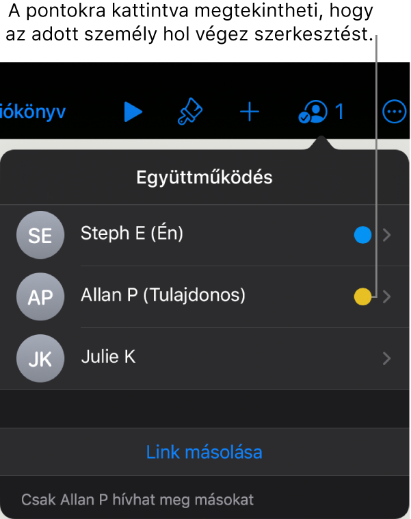 A résztvevők listája három résztvevővel és az egyes nevektől jobbra található eltérő színű ponttal.