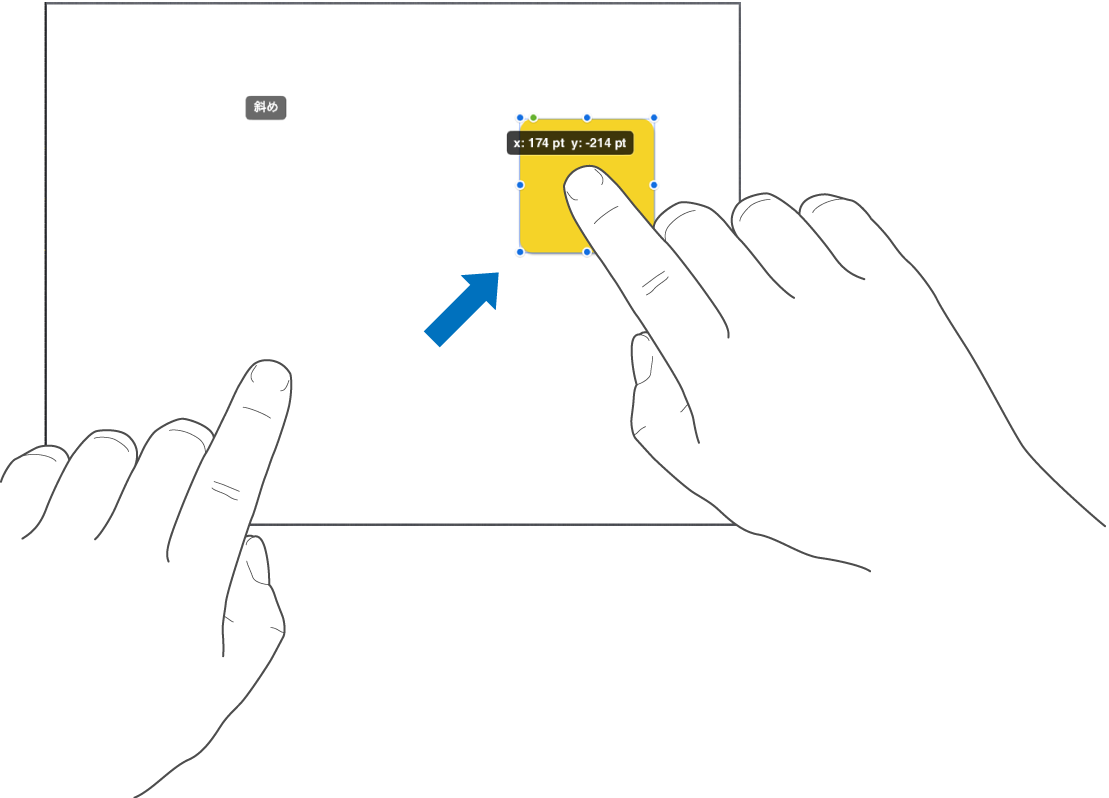 オブジェクトを選択している1本の指と、画面上部に向かってスワイプしているもう1本の指。