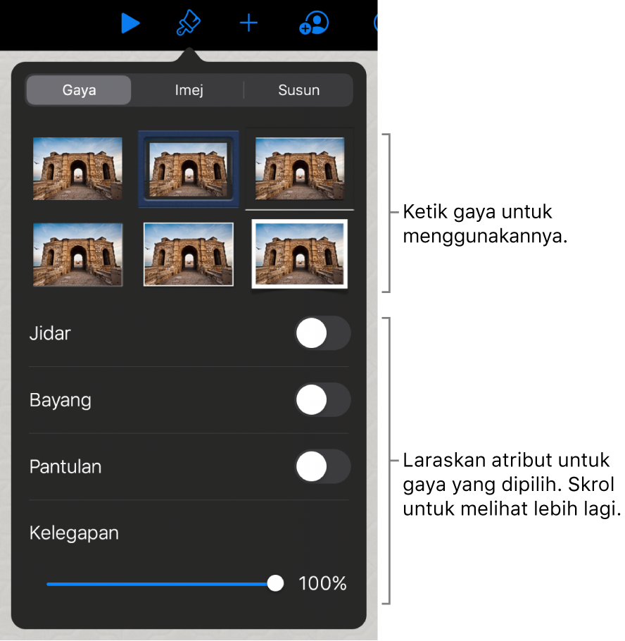 Tab Gaya menu Format dengan gaya objek di bahagian atas dan kawalan di bawahnya untuk menukar jidar, bayang, pantulan dan kelegapan.