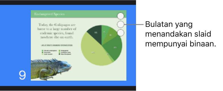 Slaid dengan tiga bulatan di penjuru kanan sebelah atas menunjukkan slaid mempunyai binaan.