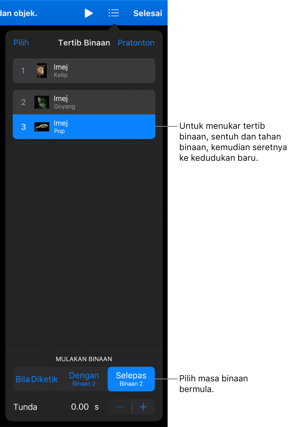 Senarai Tertib Binaan menunjukkan kesan bina masuk dengan lencana kuning dan kesan bina keluar dengan lencana kelabu.