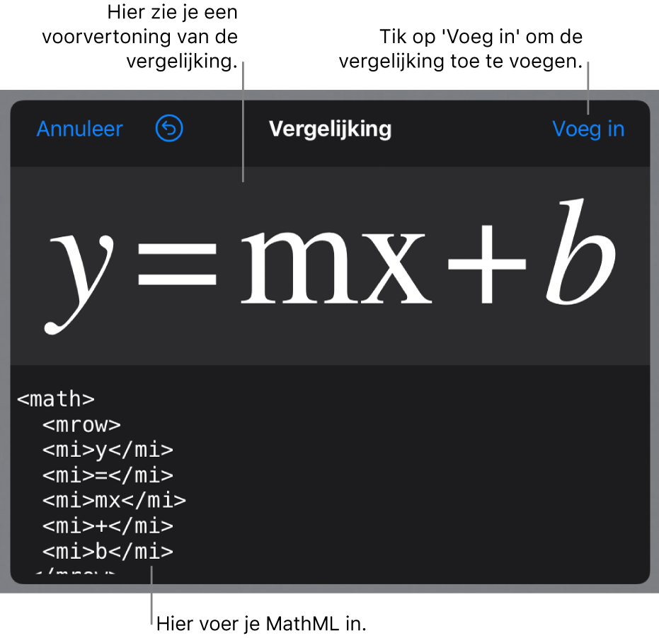 MathML-code voor de vergelijking voor de helling van een lijn, met daarboven een voorvertoning van de formule.