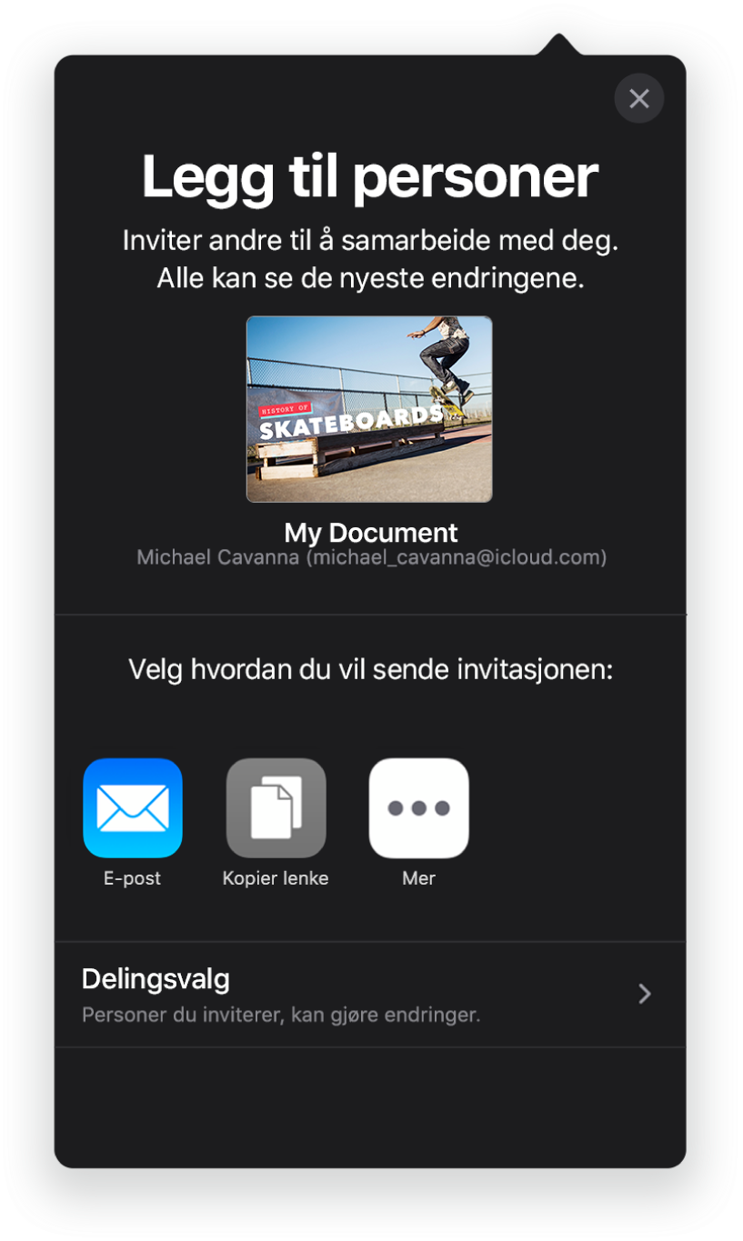 Legg til personer-skjermen som viser et bilde av presentasjonen som skal deles. Nedenfor er knapper for måter å sende invitasjonen på, blant annet Mail, Kopier kobling og Mer. Delingsvalg-knappen er nederst.