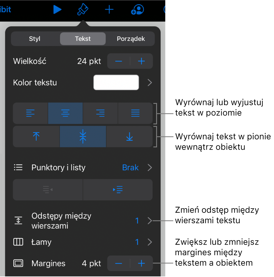 Panel Makieta z opisami wskazującymi przyciski wyrównania i odstępów tekstu.