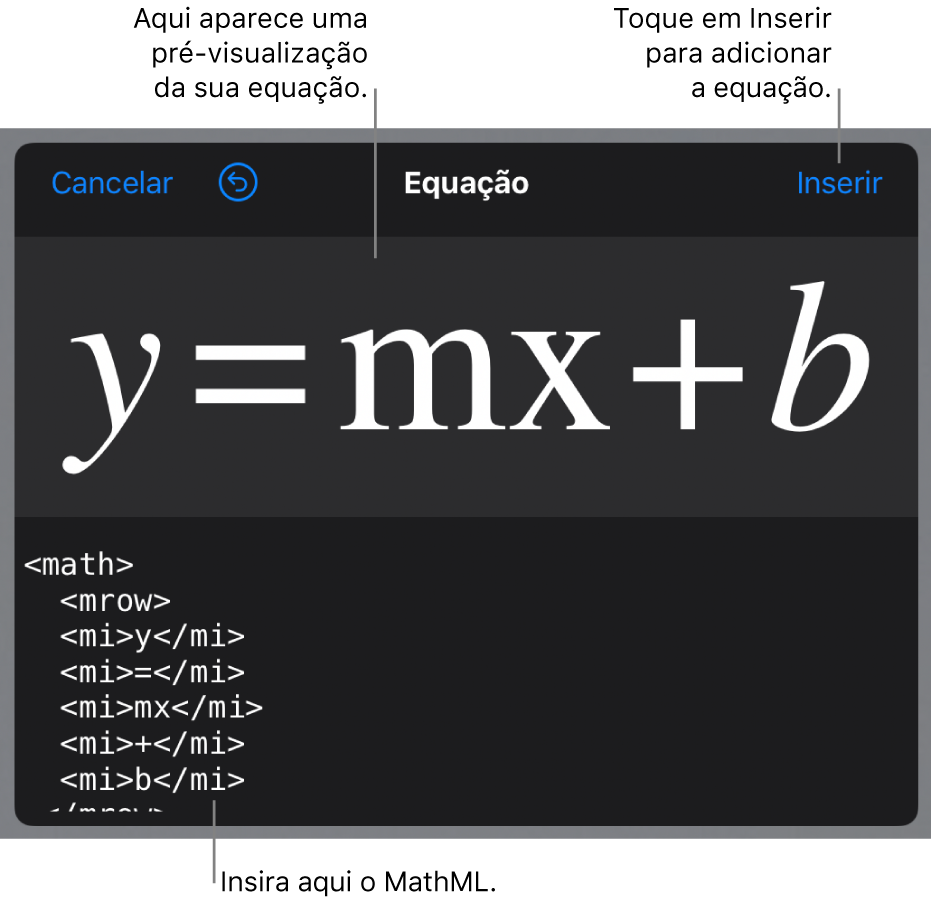 Código MathML para a equação da inclinação de uma linha e uma pré-visualização da fórmula acima.