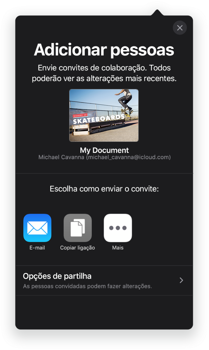 O ecrã “Adicionar pessoas” a mostrar uma imagem da apresentação a ser partilhada. Por baixo encontram botões para formas de enviar o convite, incluindo Mail, “Copiar hiperligação” e Mais. Na parte inferior encontra-se o botão “Opções de partilha”.