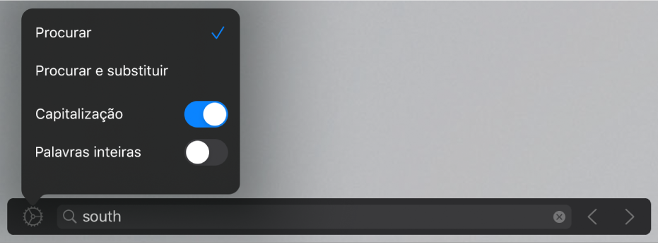 A janela de opções de pesquisa com Procurar, “Procurar e substituir”, “Caixa alta/baixa” e “Palavras inteiras”.