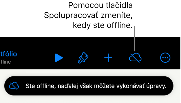 Tlačidlá sú v hornej časti obrazovky a tlačidlo Spolupracovať je zmenené na obláčik preškrtnutý zvislou čiarou. Upozornenie na obrazovke s oznámením Ste offline, ale naďalej môžete upravovať.