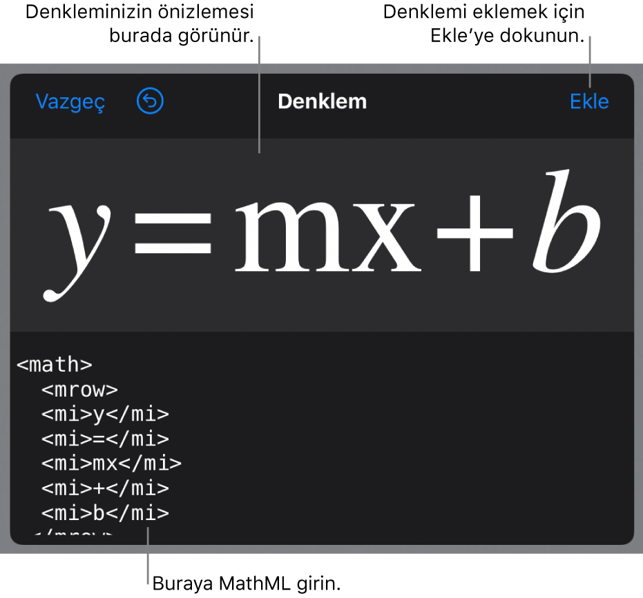 Çizgi eğimi denklemi için MathML kodu ve üstte formülün önizlemesi.