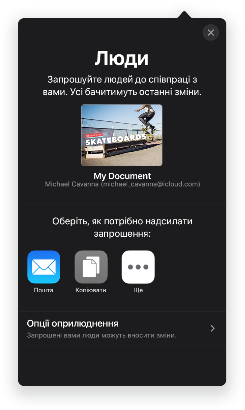 Екран «Додати людей» і зображення презентації, яка буде в спільному доступі. Нижче показано кнопки, за допомогою яких можна надіслати запрошення, зокрема «Пошта», «Скопіювати посилання» та «Більше». Внизу розташовано кнопку «Опції спільного доступу».