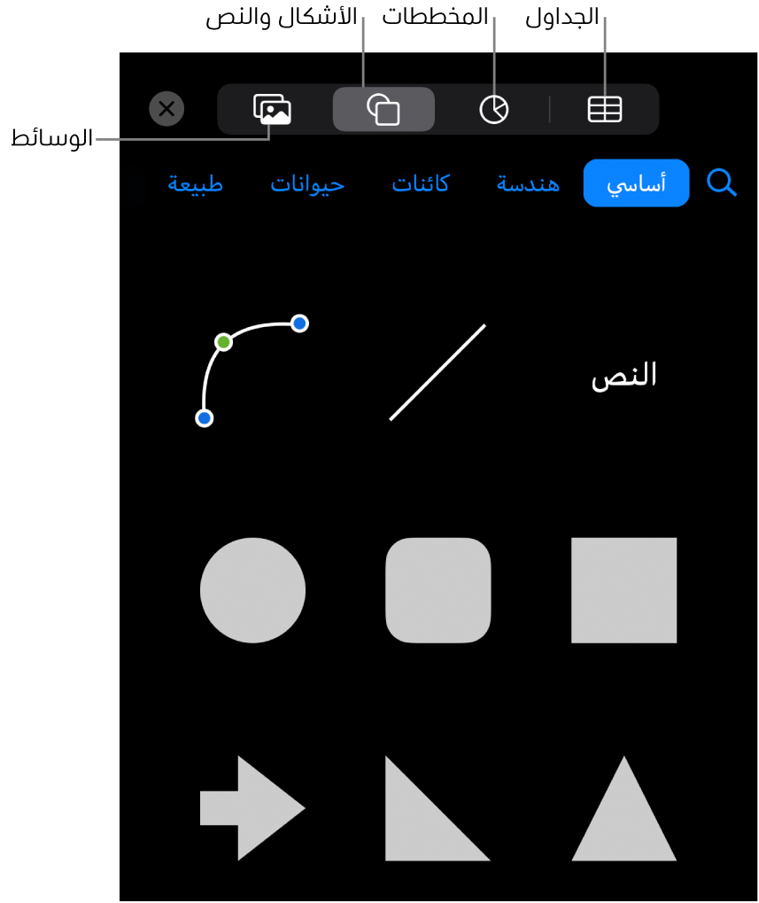 عناصر التحكم لإضافة كائن، مع الأزرار في الجزء العلوي لاختيار الجداول، والمخططات، والأشكال (بما في ذلك الخطوط، ومربعات النص) والوسائط.