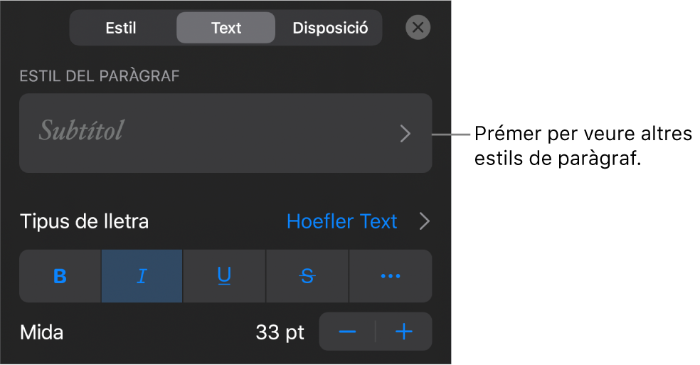 El menú Format amb els controls de text per definir els estils de paràgraf i de caràcter, el tipus de lletra, la mida i el color.