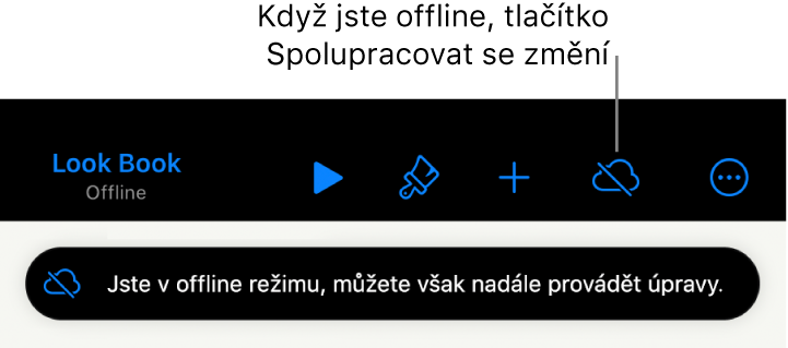 Tlačítka horního okraje obrazovky; tlačítko Spolupracovat se změnilo na symbol oblaku se šikmým přeškrtnutím. Na obrazovce se zobrazí upozornění „Jste v offline režimu, můžete však nadále provádět úpravy.“