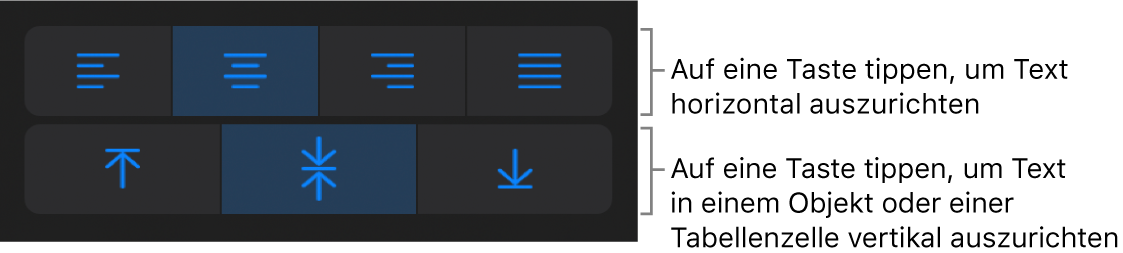 Horizontale und vertikale Ausrichtungstasten für Text