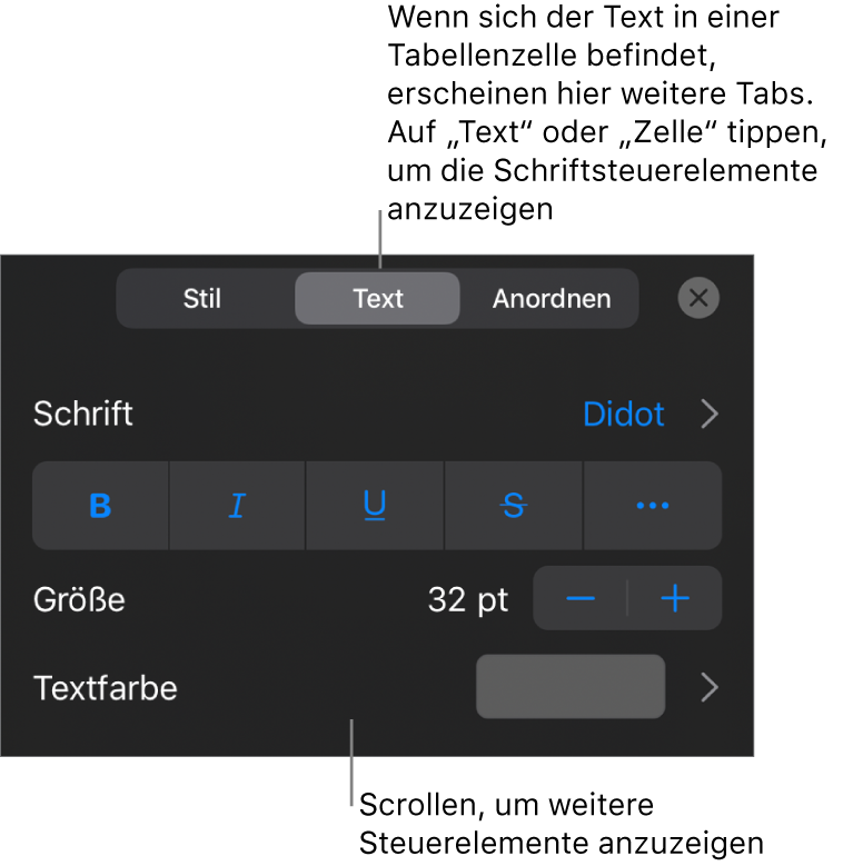 Textsteuerelemente im Menü „Format“ zum Festlegen von Absatz- und Zeichenstilen, Schrift, Größe und Farbe