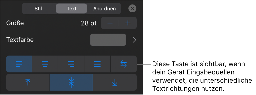 Die Textsteuerelemente im Menü „Format“ mit einer Beschreibung der Taste „Von rechts nach links“