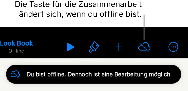 Die Tasten oben auf dem Bildschirm, darunter die Taste „Zusammenarbeiten“, die als mit einer diagonalen Linie durchgestrichenen Wolke dargestellt wird. Ein Hinweis auf dem Bildschirm besagt, dass du offline bist, aber weiterhin arbeiten kannst.