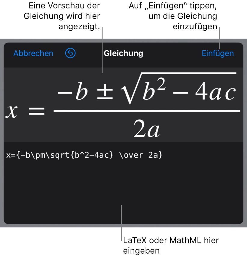 Im Dialogfenster „Gleichung“ wird die quadratische Formel angezeigt, die mit LaTeX-Befehlen geschrieben wurde, darüber wird eine Vorschau der Formel angezeigt.