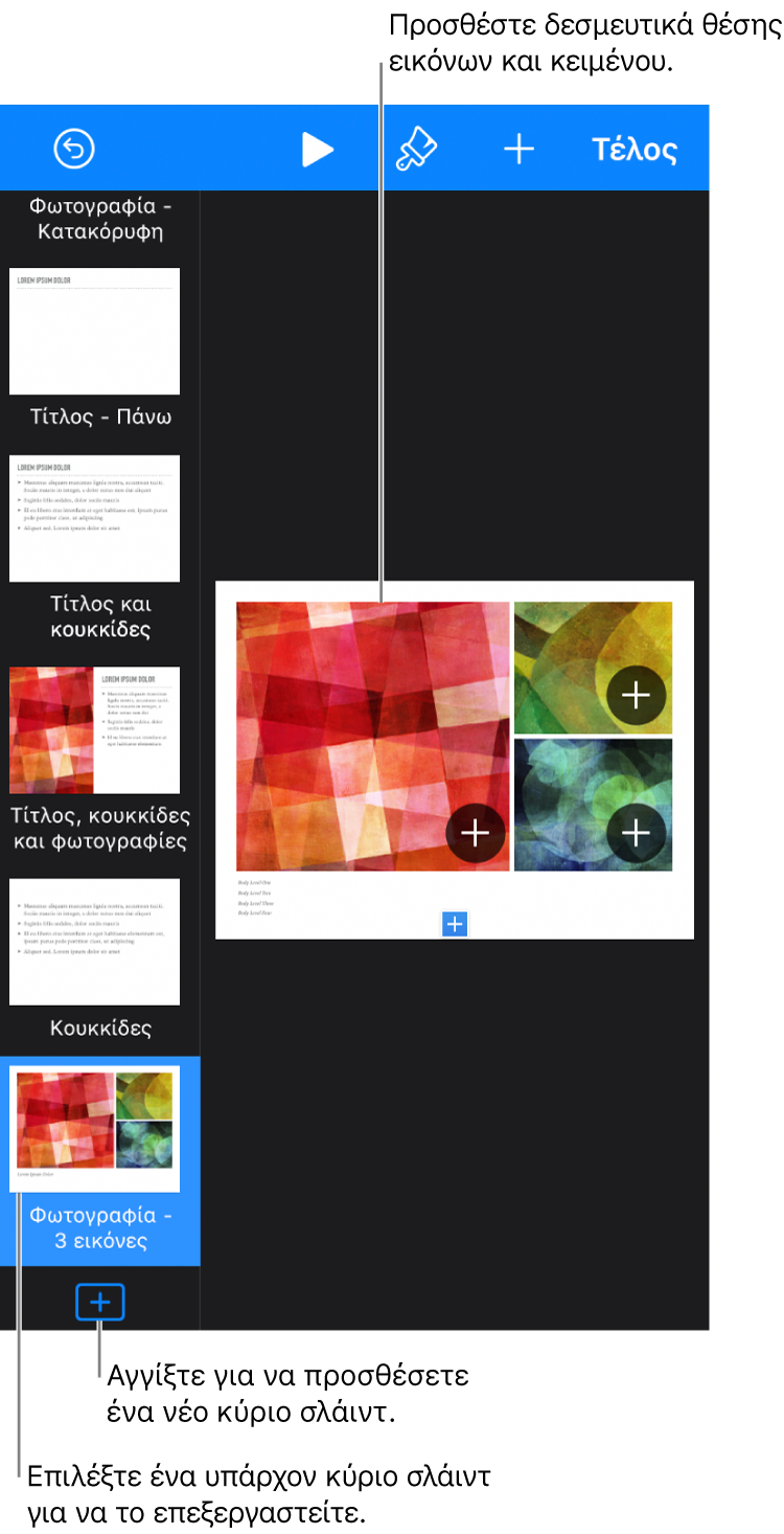 Ένα κύριο σλάιντ στον καμβά σλάιντ, με το κουμπί «Προσθήκη κύριου σλάιντ» στο κάτω μέρος του πλοηγού σλάιντ.