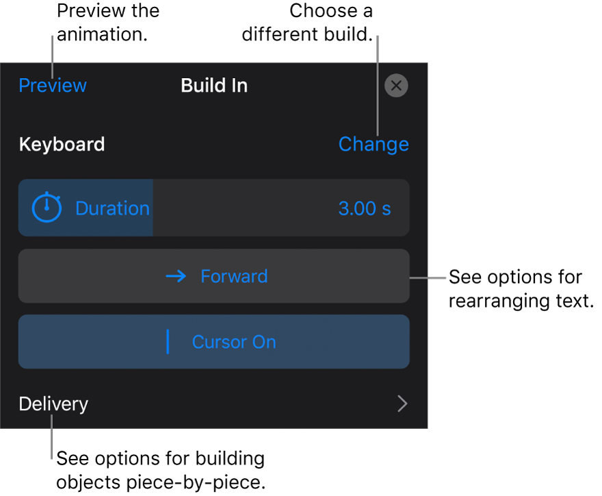 Build options include Duration, Text Animation and Delivery. Tap Change to choose a different build or tap Preview to preview the build.