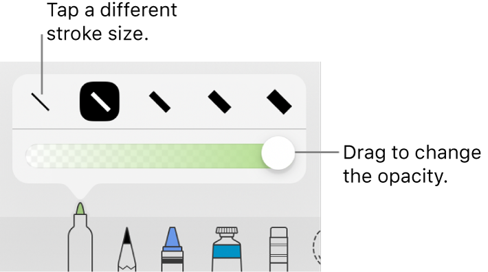 Controls for choosing a stroke size and a slider for adjusting the opacity.