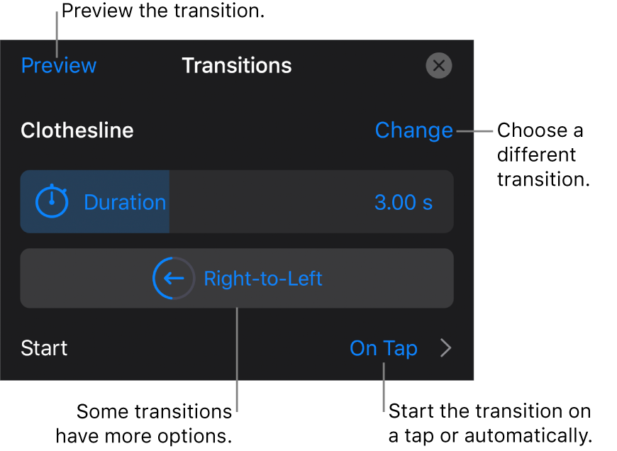 Controls in the Options pane for modifying a transition.