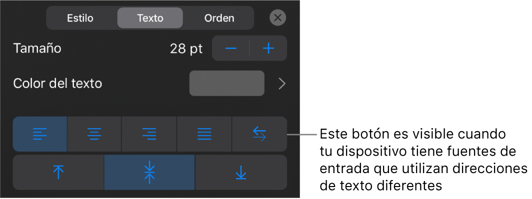 Los controles de texto se encuentran en el menú de Formato, con un mensaje que señala el botón "De derecha a izquierda".