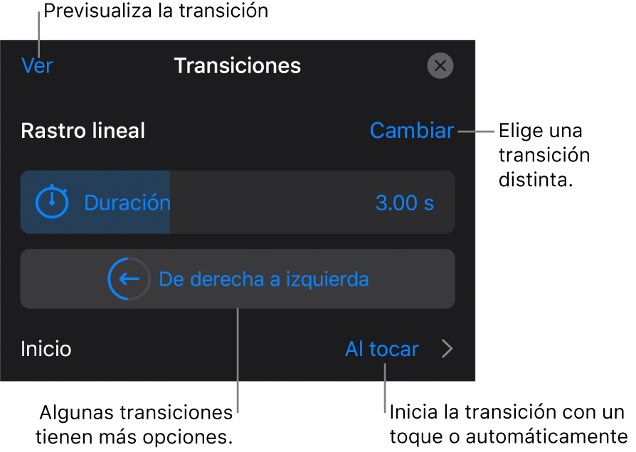 Controles del panel Opciones para modificar una transición.