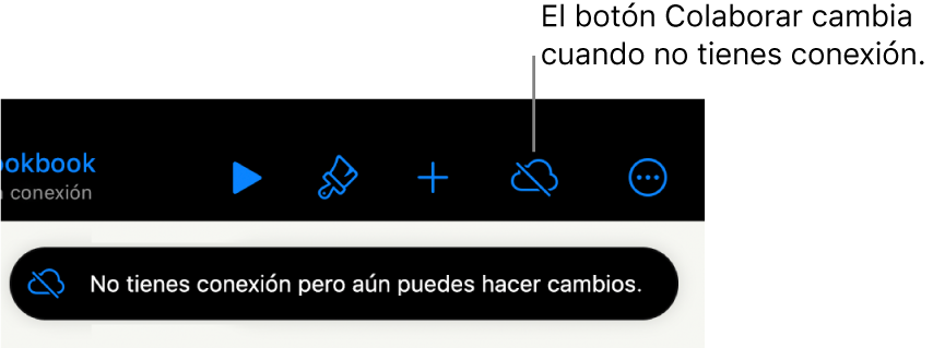 Los botones de la parte superior de la pantalla, con el botón Colaborar que cambió a una nube con una línea diagonal cruzándola. Una alerta en la pantalla dice “No tienes conexión pero aún puedes hacer cambios”.