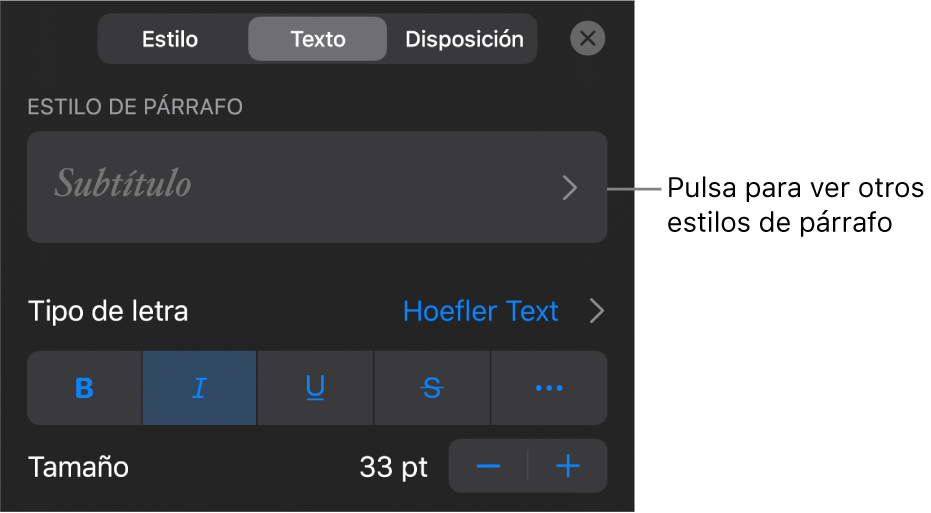 El menú Formato, que muestra controles de texto para configurar los estilos de párrafo y carácter, tipo de letra, tamaño y color.