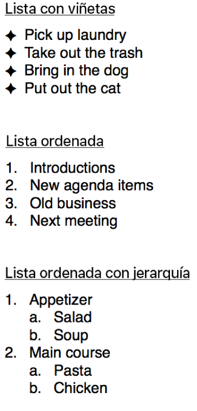 Ejemplos de listas con viñetas, ordenada y jerárquica.