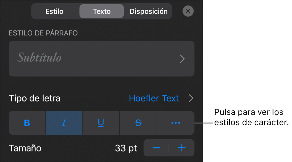 Los controles de Formato con los estilos de párrafo en la parte superior y, después, los controles de “Tipo de letra”. Debajo de “Tipo de letra” están los botones Negrita, Cursiva, Tachado y “Más opciones de texto”