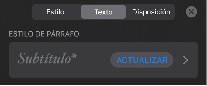 Un estilo de párrafo con un asterisco junto a él y un botón Actualizar a la derecha.