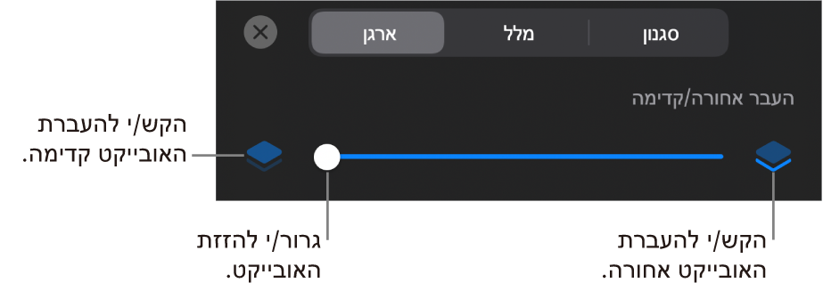 הכפתור ״העבר אחורה״, הכפתור ״העבר קדימה״ והמחוון של סידור בשכבות