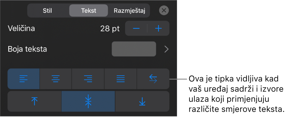 Kontrole teksta na izborniku Formatiraj s oblačićem na tipku S desna na lijevo.