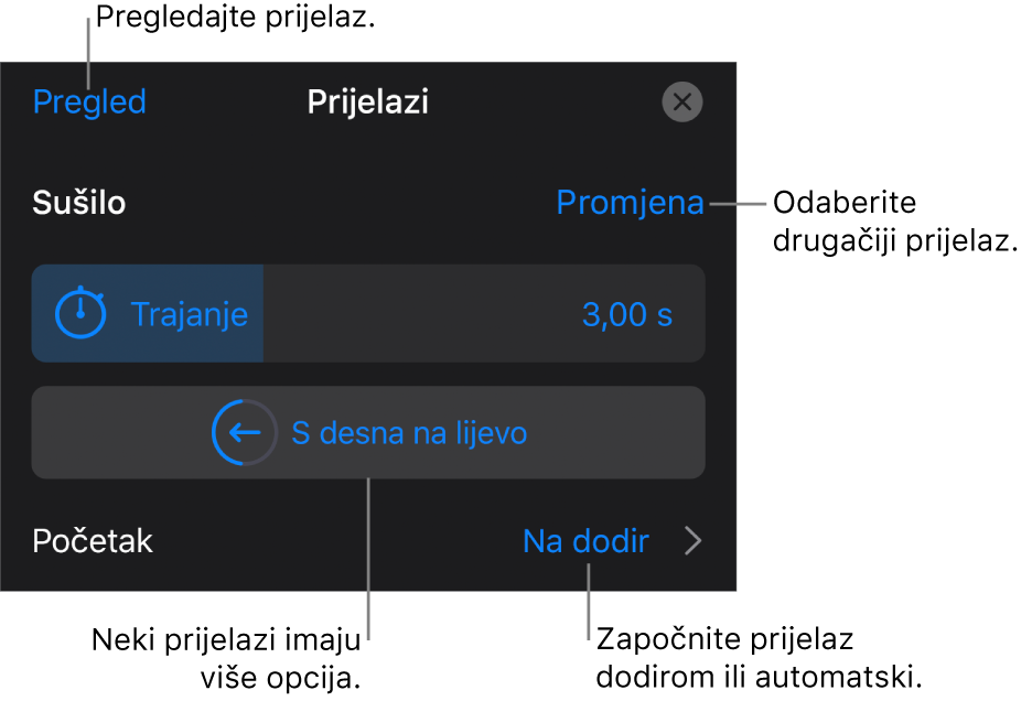 Kontrole u prozoru Opcije za izmjenu prijelaza