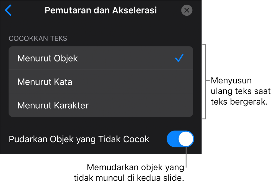 Pilihan pengiriman dan akselerasi Gerakan Ajaib di panel Akselerasi.