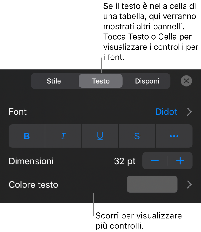 Controlli di testo nel menu Formattazione per impostare stili di carattere e paragrafo, font, dimensione e colore.