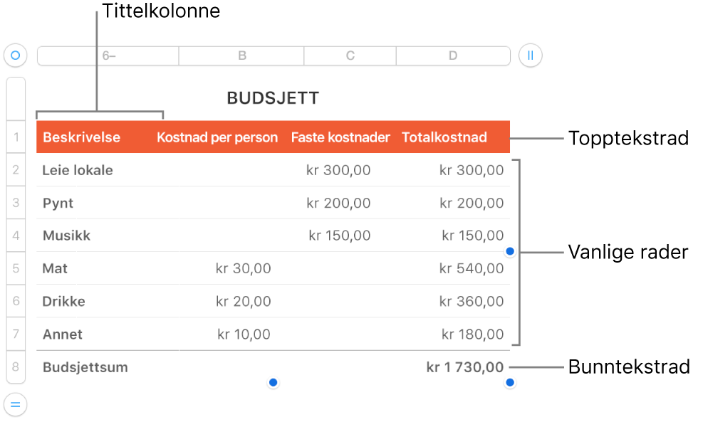 En tabell som viser tittelrader og -kolonner, vanlige rader og kolonner, bunnrader og -kolonner og håndtak for å legge til eller slette rader eller kolonner.