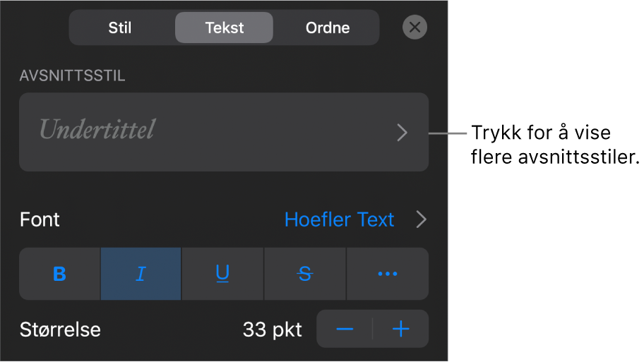Format-menyen som viser tekstkontroller for å angi avsnitts- og tegnstiler, font, størrelse og farge.