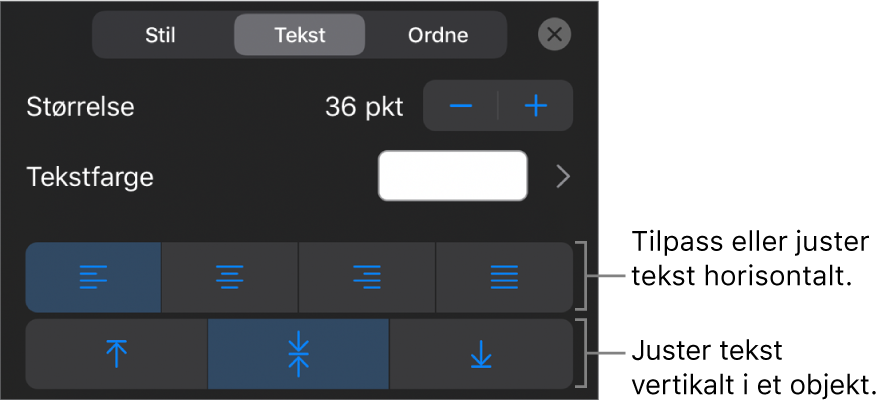 Justering-delen for Format-knappen, med bildeforklaringer for tekstjusteringsknappene.